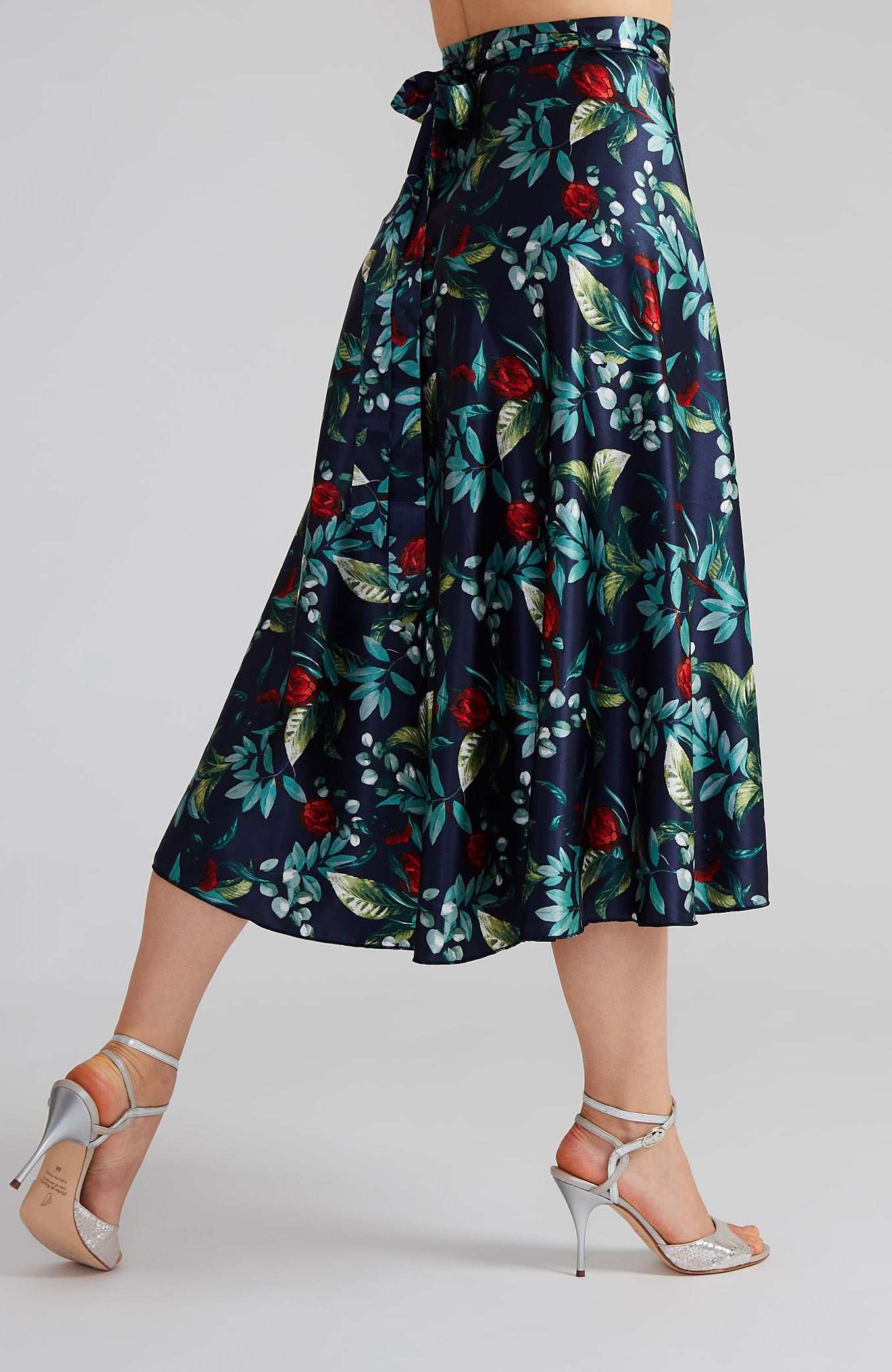 GINA Long Wrap Skirt in Satin Blossoms (Navy Blue)