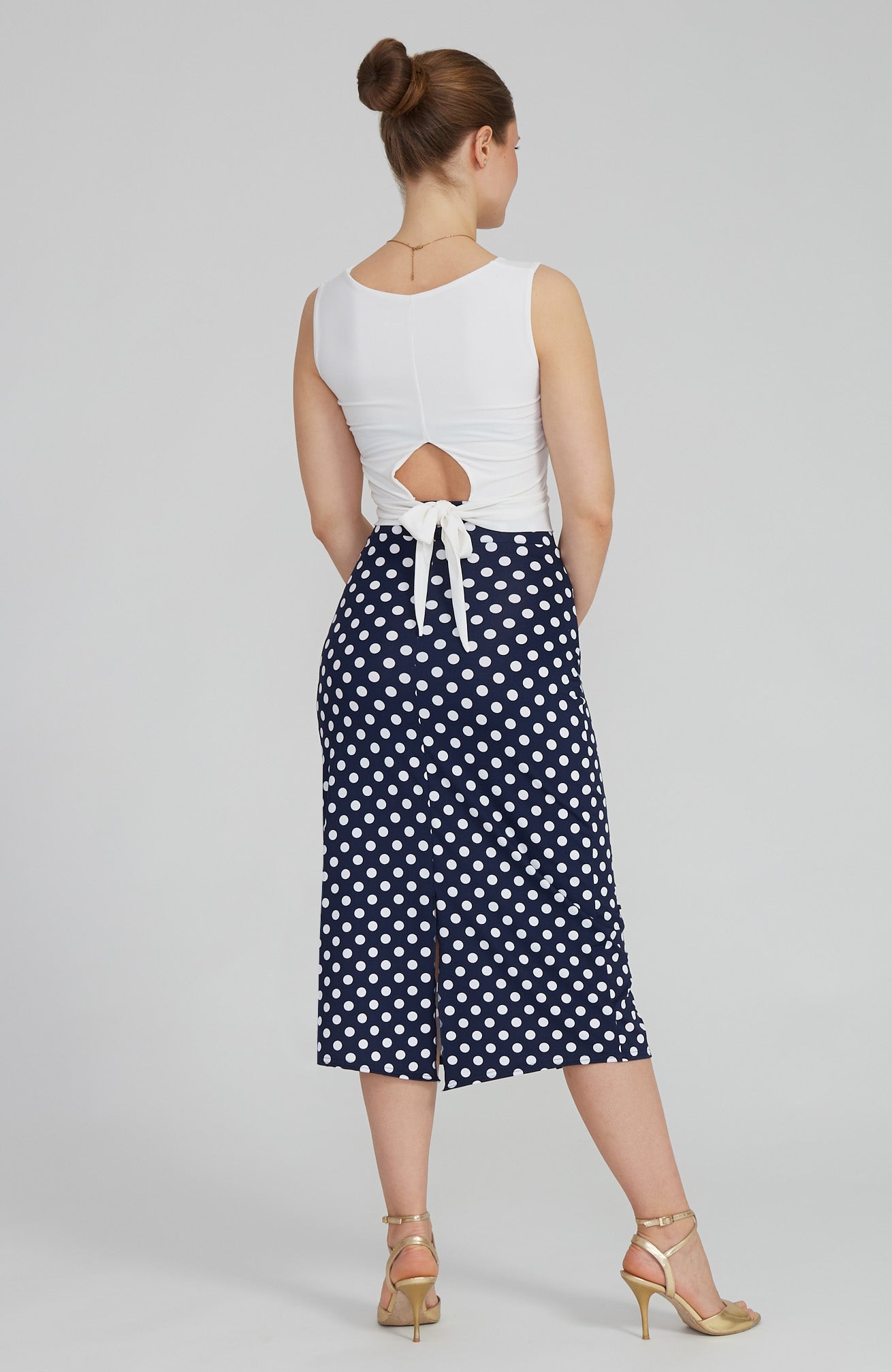 VALERY - Polka Dot Tango Skirt with Overlap in Navy Blue & White