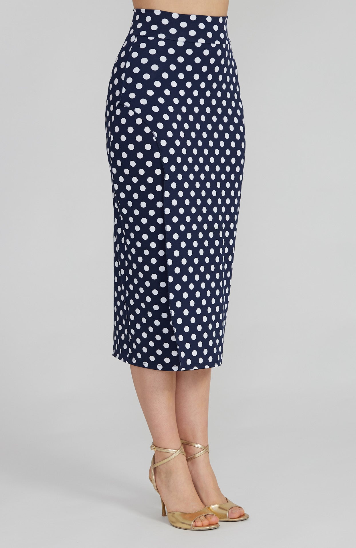 VALERY - Polka Dot Tango Skirt with Overlap in Navy Blue & White