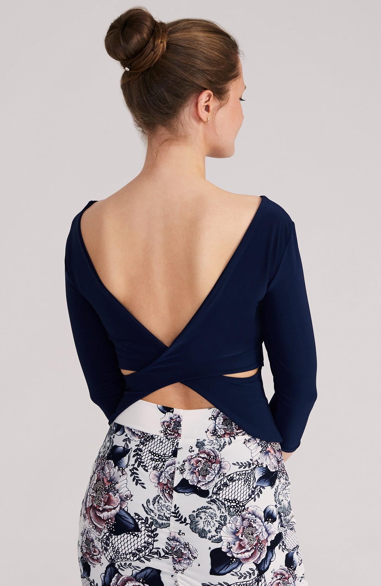 cross back top in navy blue with sleeves