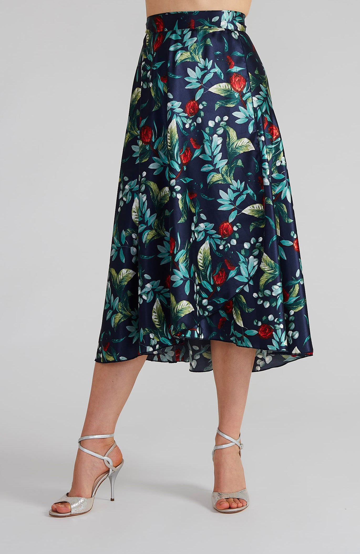 GINA Long Wrap Skirt in Satin Blossoms (Navy Blue)