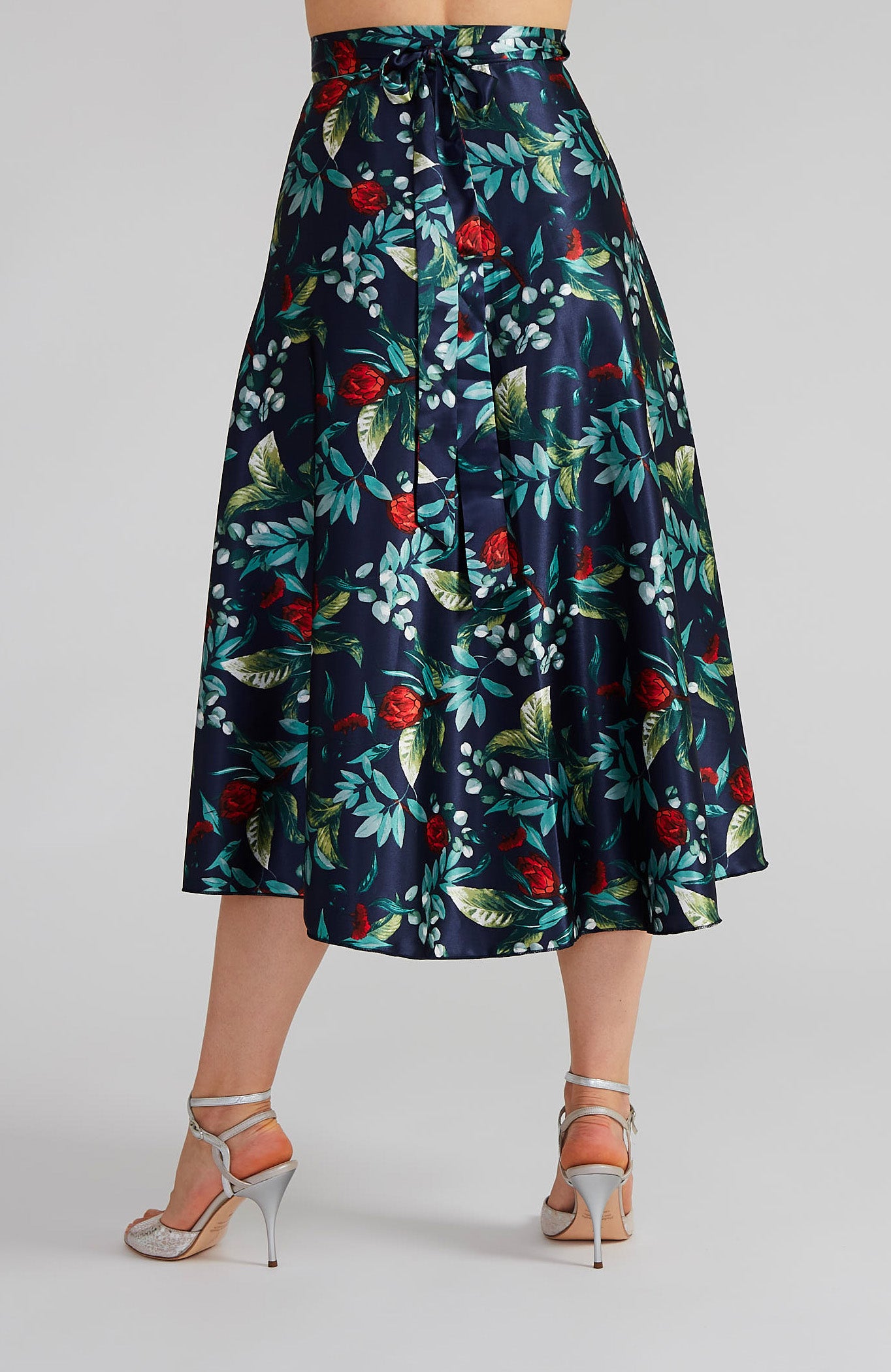 GINA Long Wrap Skirt in Satin Blossoms (Navy Blue)