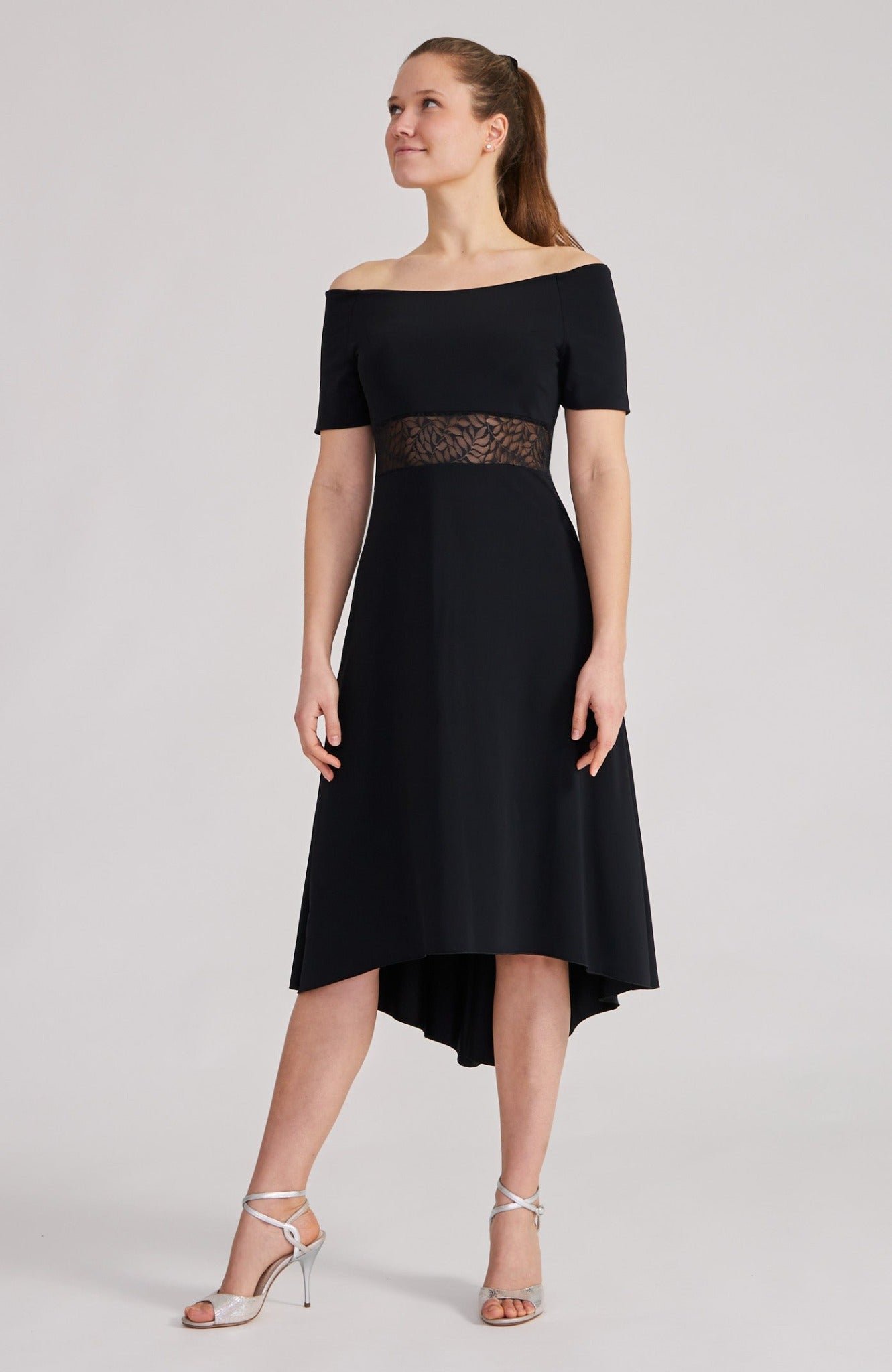 tango dress in black with lace detailing and carmen neckline