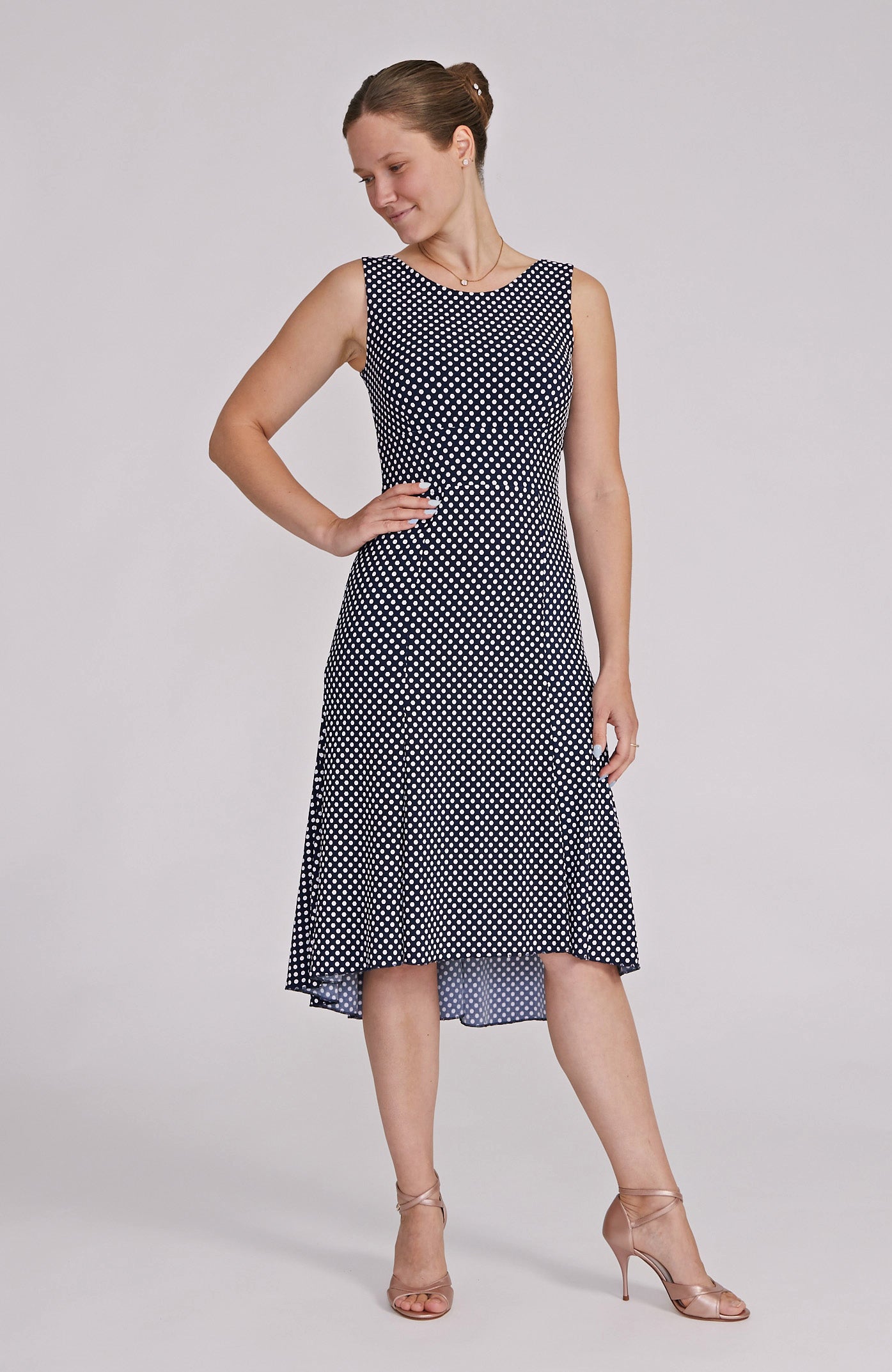 CARLA Polka Dot A-Line Tango Dress in Navy Blue & White