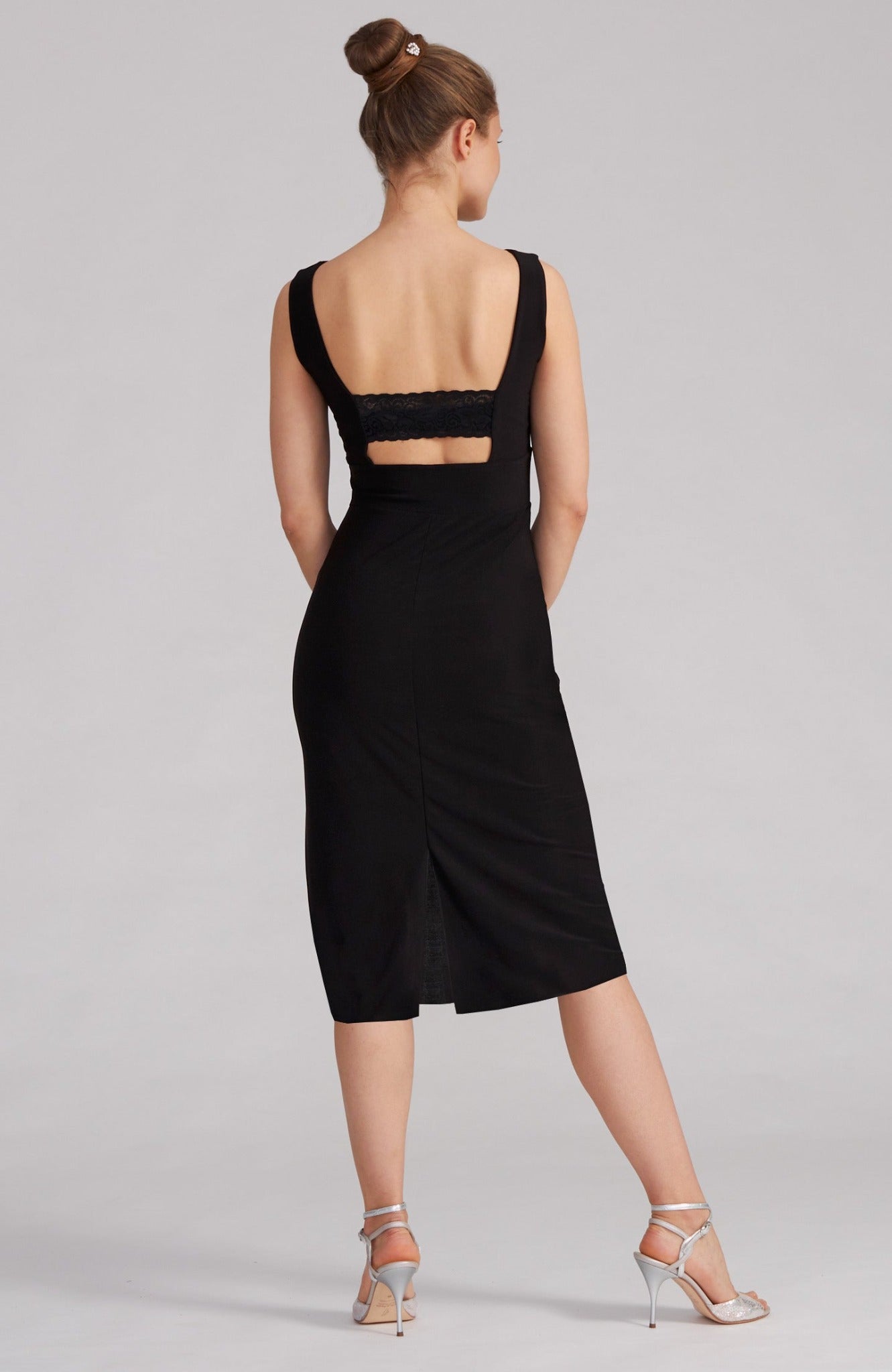 black tango dress with lace and back cutout