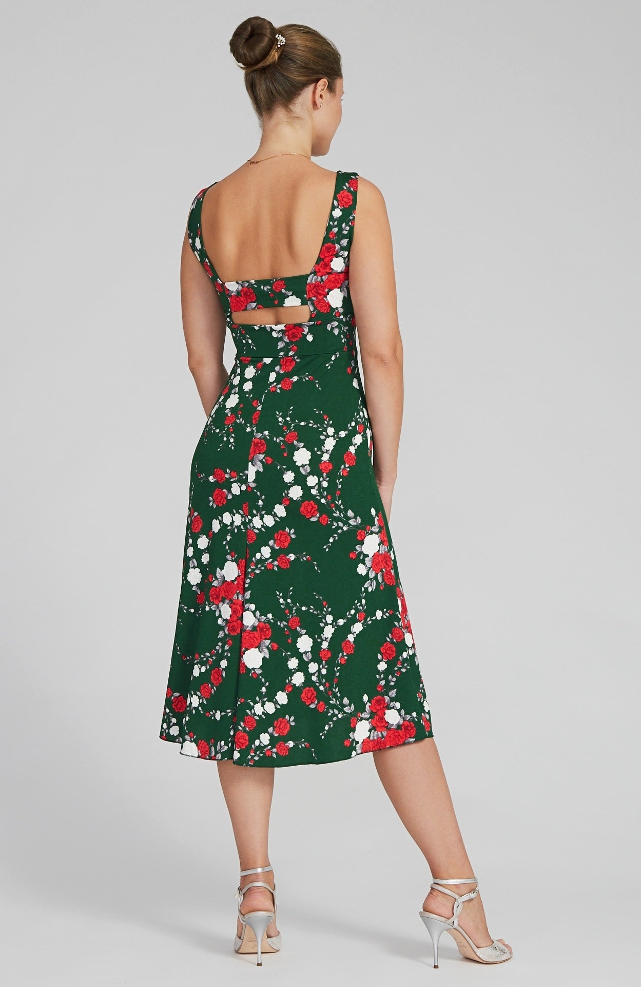Robe de tango SOFIA à imprimé roses rouges et dos ouvert