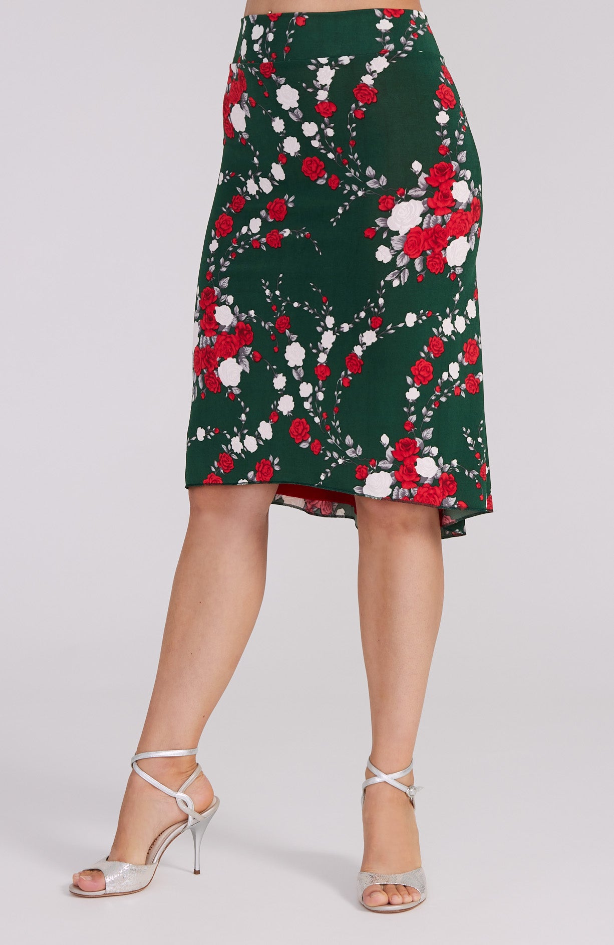 argentine tango skirt in red rose print on green