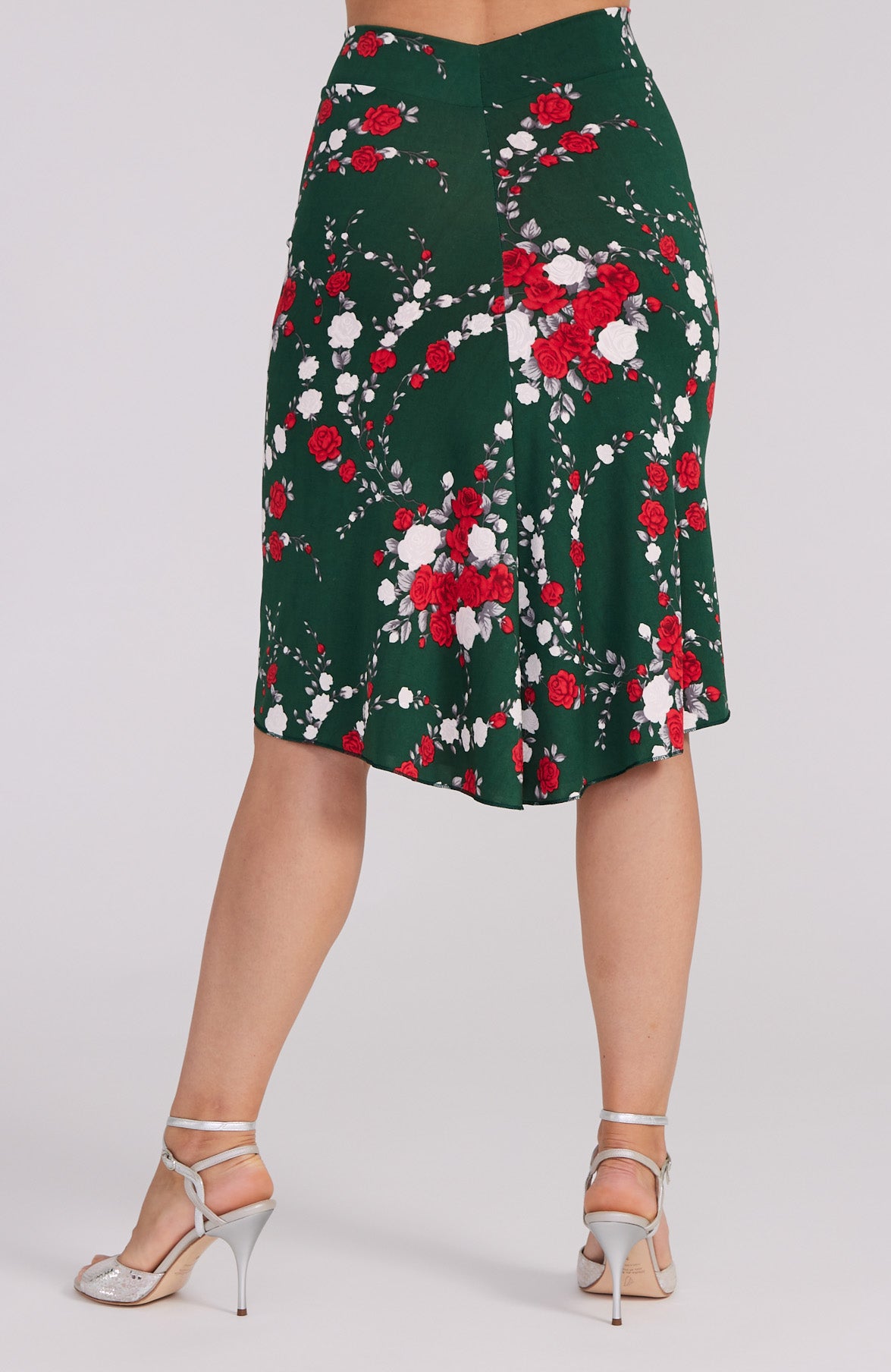 argentine tango skirt in red rose print on green