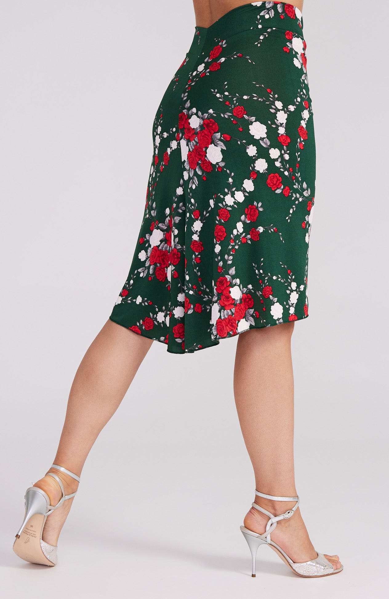argentine tango skirt in red rose print on green