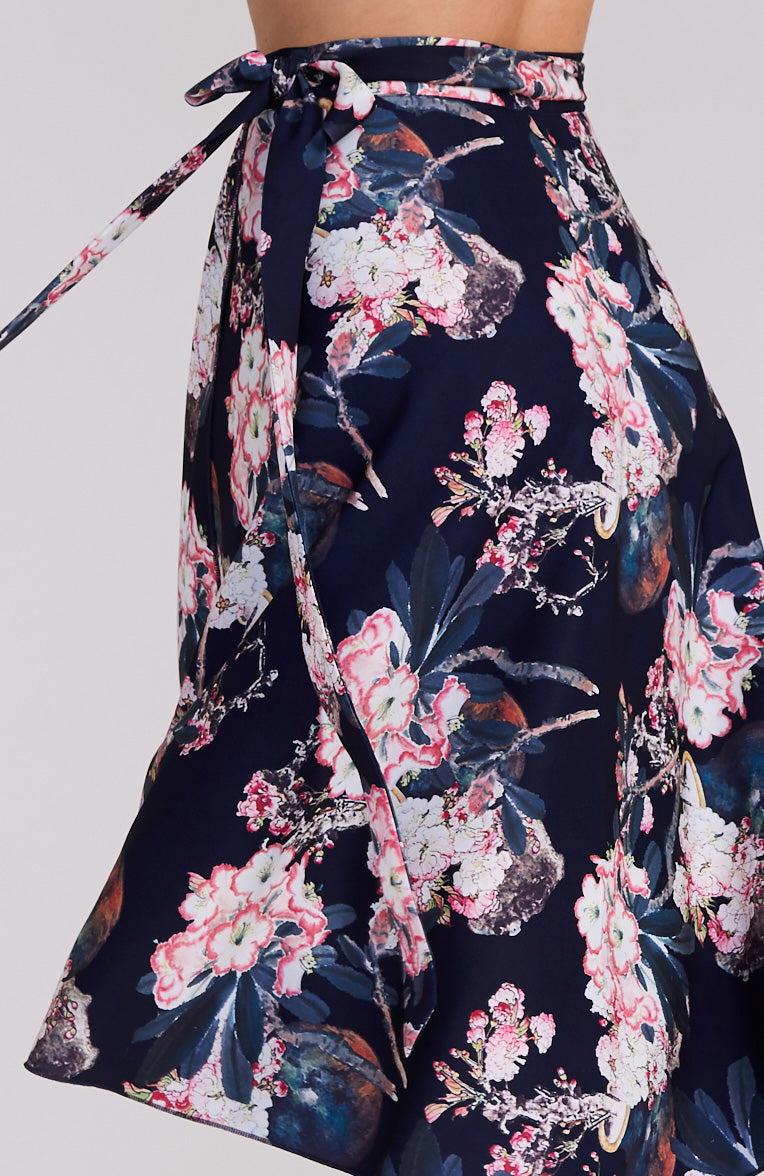 tango skirt in pink florals on navy blue