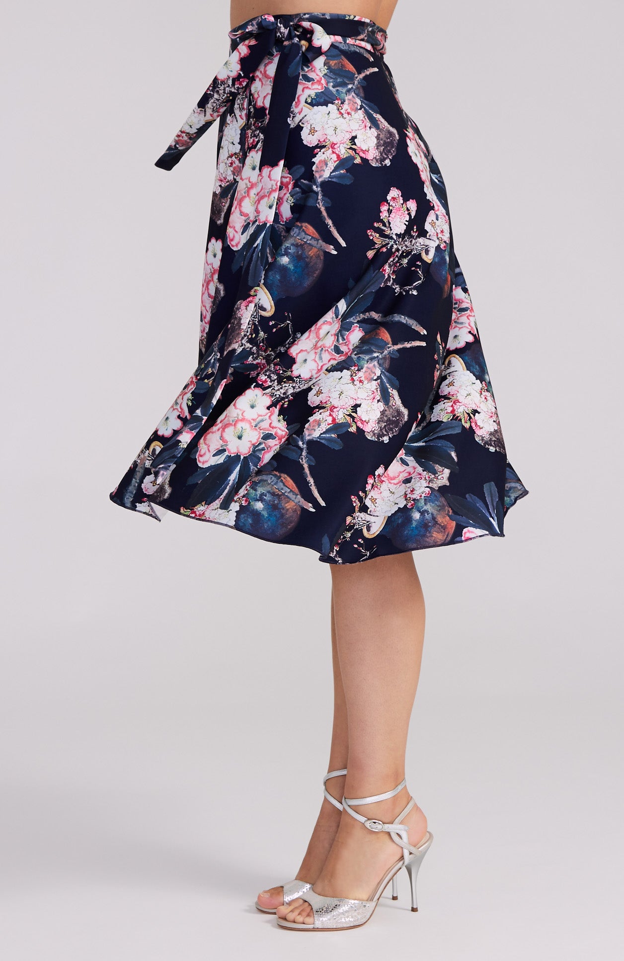 tango skirt in pink florals on navy blue