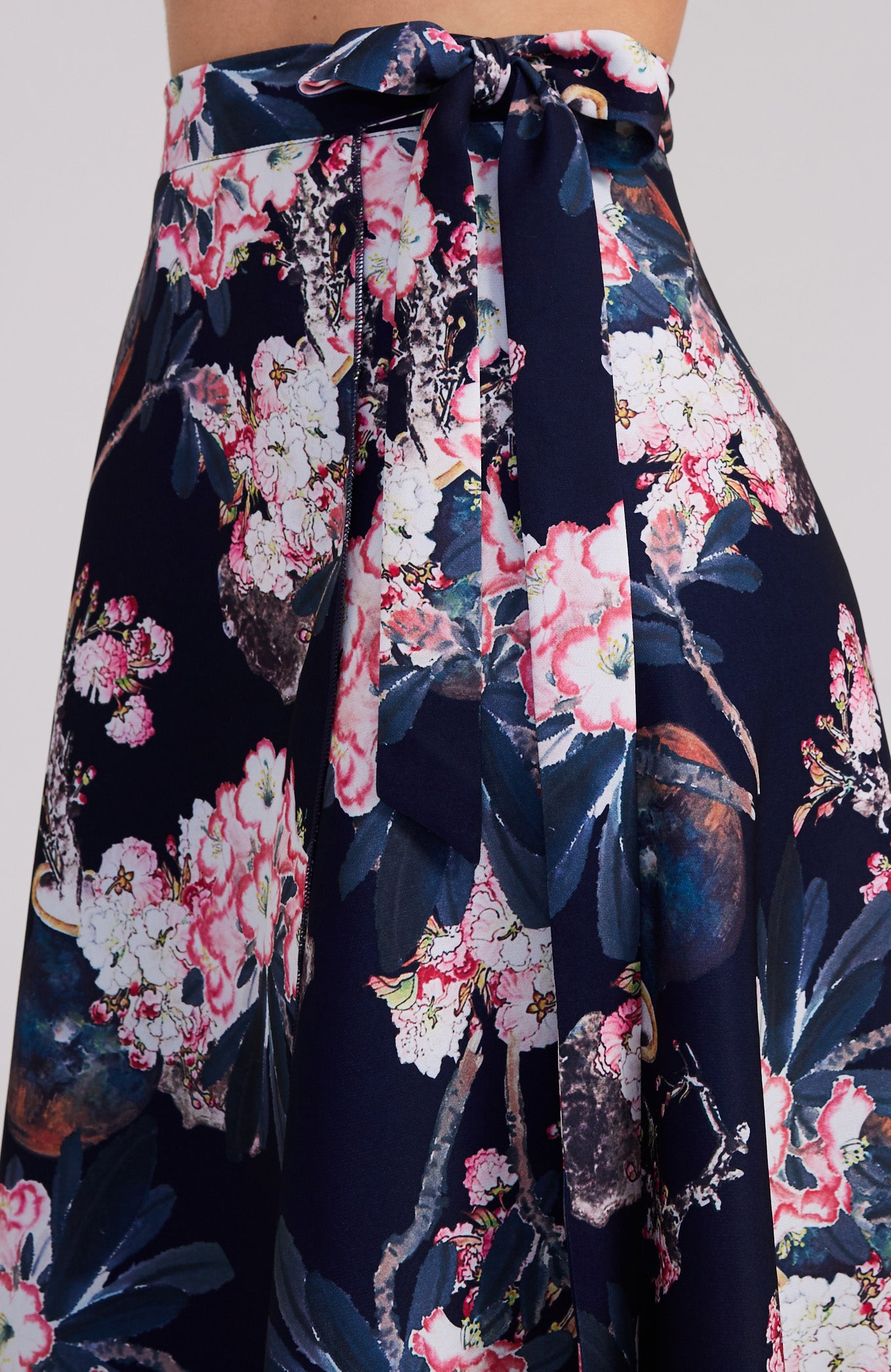 wrap skirt in pink florals on navy blue