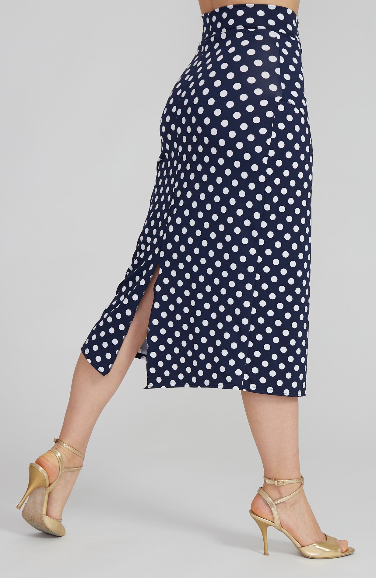 VALERY - Polka Dot Tango Skirt with Overlap in Navy Blue & White