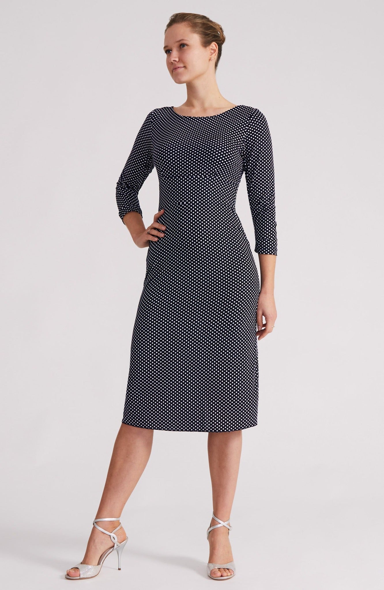 cross back tango dress in polka dots