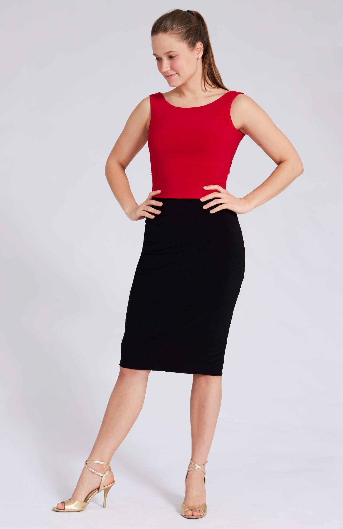 black tango skirt and red crop top